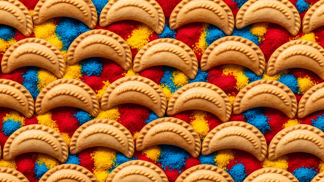 Seamless vector pattern of Guijiya sweets with tricolor Gulal sprinkle. Traditional Holi food background texture.
