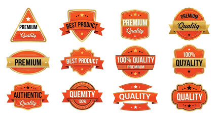 Collection of vibrant orange and gold premium quality badges and labels