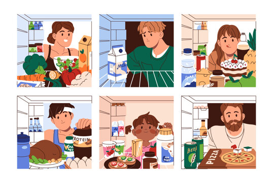 People looking at refrigerator from inside view set. Happy and sad characters with full and empty fridge. Men and women are choosing food, grocery products for eating. Flat vector illustration