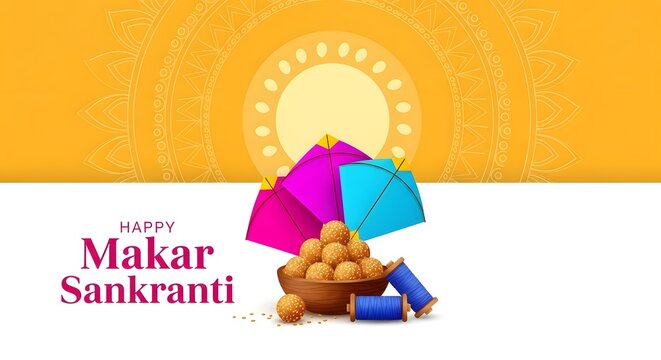Happy Makar Sankranti Greeting Banner with Kites, Til Gul Ladoo, and Sun Mandala