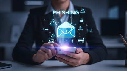Phishing attack envelope hook icon smartphone hand office cyber security threat warning alert danger scam hacker fraud internet mail message