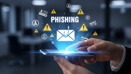 Phishing attack envelope hook icon smartphone hand office cyber security threat warning alert danger scam hacker fraud internet mail message