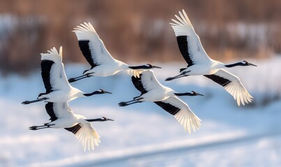 red-crowned cranes flying in a clear V-formation, formation perfectly readable from above