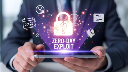 Zero day exploit warning lock smartphone hand suit cyber security threat danger risk alert protection digital information vulnerability software bug