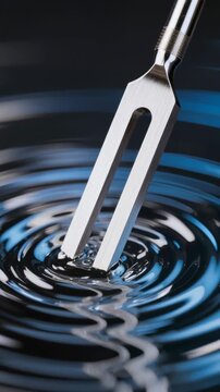 Tuning fork sound wave water ripple vibration resonance frequency, metal reflection precision ripple pulse science, abstract closeup creates calm