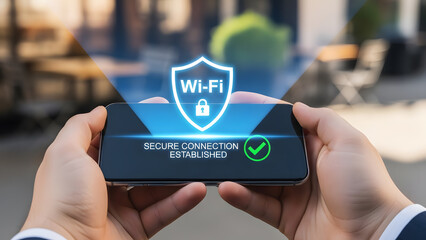 Wifi secure connection established shield lock icon smartphone hand technology digital network safety internet protection data information futuristic cyber