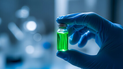 Scientist hand glove bottle vial medicine drug vaccine liquid cure pharmaceutical laboratory science research clinic health