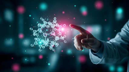 Scientist researcher hand molecule atom bond structure laboratory science chemistry biology biotechnology research future medical digital