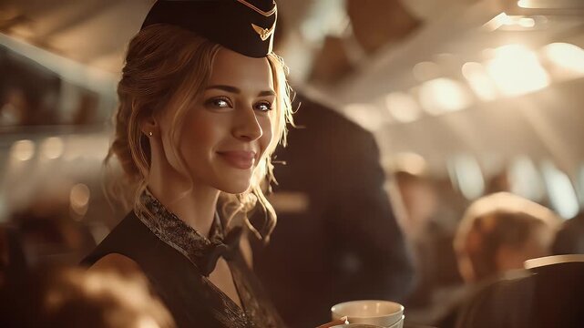 Smiling air hostess in uniform serving coffee with warm golden lighting soft textures and a background of an airplane interior