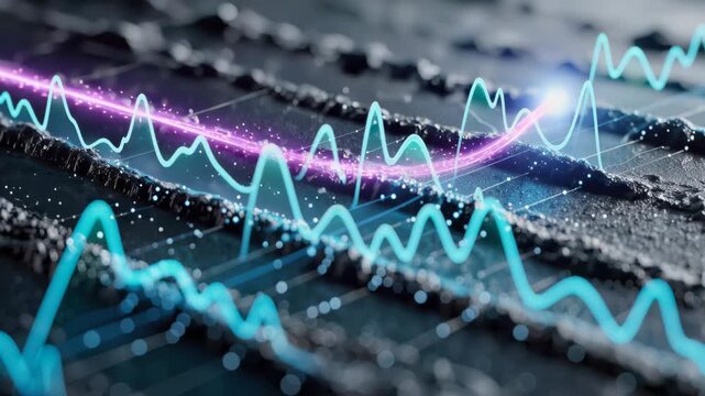 Abstract vibration data glow waveform neon blue frequency line, digital sound graph analytics, futuristic cyber surface energy pattern