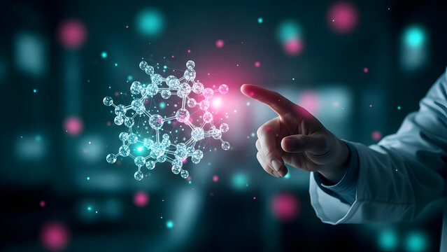 Scientist researcher hand molecule atom bond structure laboratory science chemistry biology biotechnology research future medical digital - Powered by Adobe