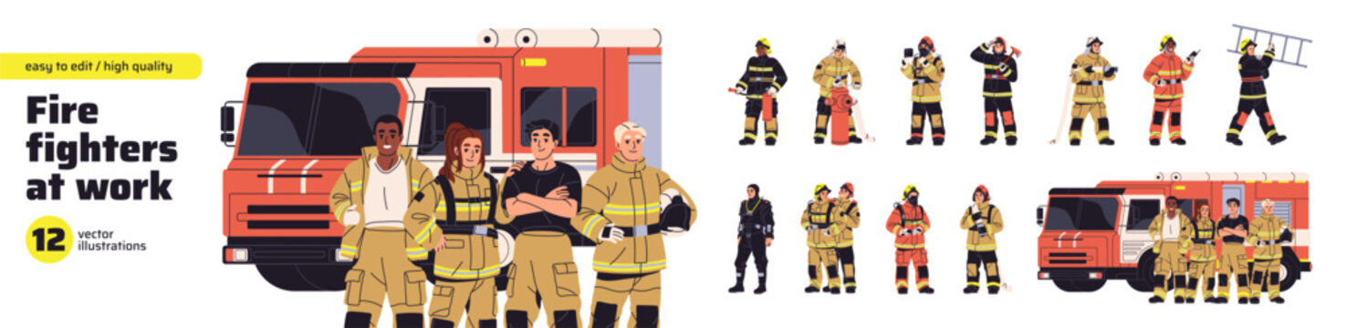 Firefighters at work set. Firemen brigade in uniform and helmets extinguishes flames with fire engine, hose, and ladder. Emergency service job. Flat isolated vector illustration on white background