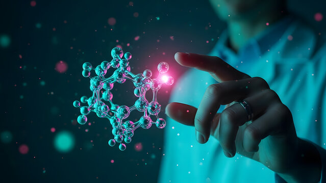 Scientist researcher hand molecule atom bond structure laboratory science chemistry biology biotechnology research future medical digital - Powered by Adobe