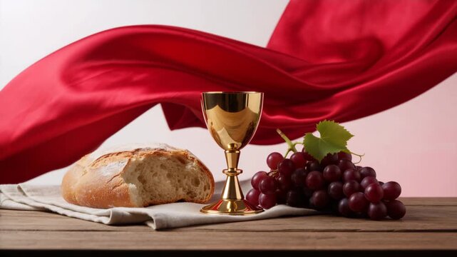 Holy Communion symbols with golden chalice, broken bread and red grapes. Red silk fabric waving in the background. Eucharist and Christian faith concept