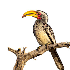 Obraz premium The striking tropical toucan, with its bright yellow and orange beak, stands out against a white background