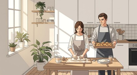 Couple baking together in modern kitchen with plants