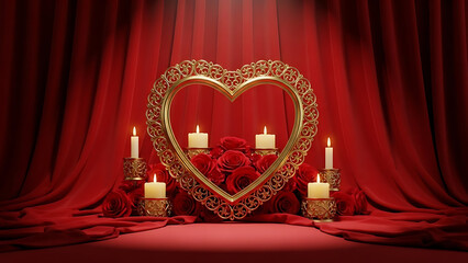 Romantic Valentine's Day scene with golden heart and candles.