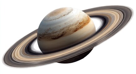 Digitally created depiction of a giant gas planet, encircled by rings, on a white background