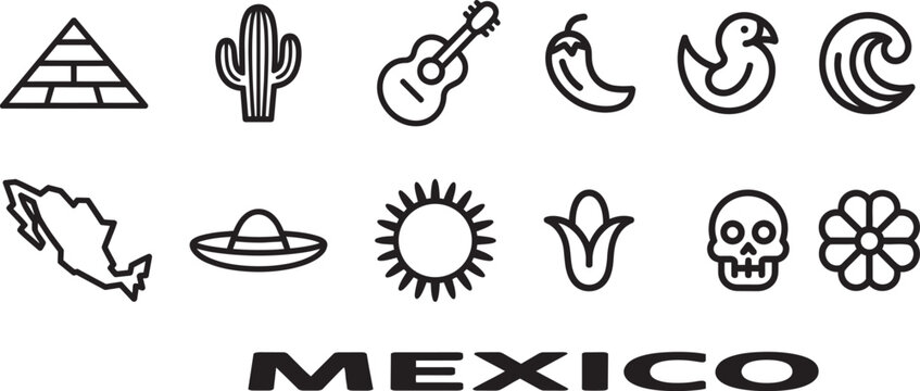 Mexico icons set country symbols and landmarks for travel and national identity vector