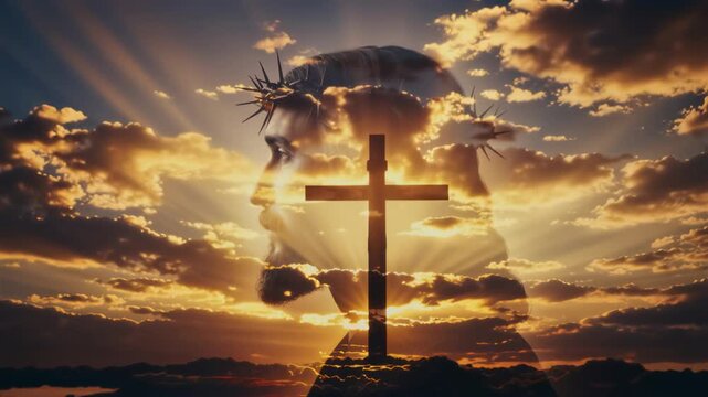 Profile of Jesus Christ with a crown of thorns. Double exposure with a cross silhouette against a dramatic sunset sky. Christian faith and resurrection concept. Cinematic spiritual footage