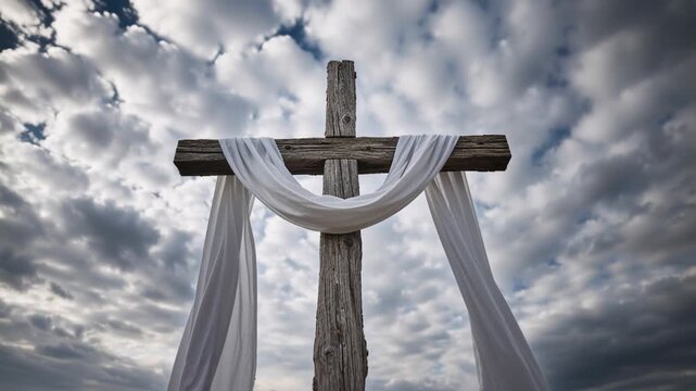 Wooden cross with white cloth blowing in the wind under a dramatic sky. Easter resurrection and Christianity concept. Cinematic low angle shot of a religious symbol on a hill