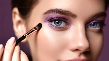 Woman applying purple eyeshadow with makeup brush, creative eye makeup routine, colorful cosmetic application, artistic beauty styling services, with copy space