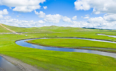 Aerial view magnificent scenery of the meandering rivers in the Hulunbuir Grassland of Inner Mongolia, China