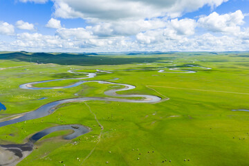 Aerial view magnificent scenery of the meandering rivers in the Hulunbuir Grassland of Inner Mongolia, China
