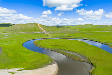 Aerial view magnificent scenery of the meandering rivers in the Hulunbuir Grassland of Inner Mongolia, China