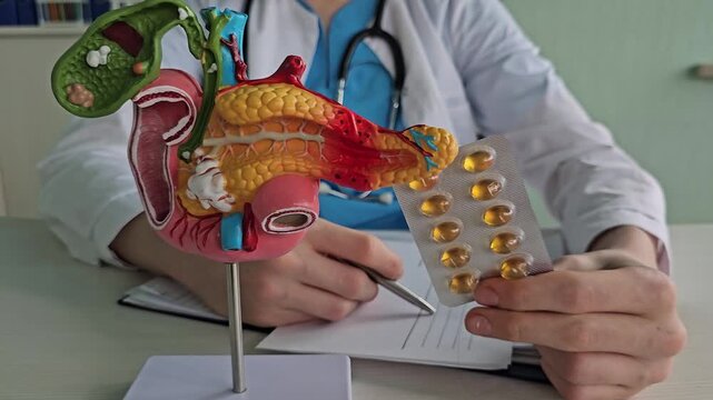 Detailed anatomical model of pancreas with supplements in medical setting for educational purpose concept