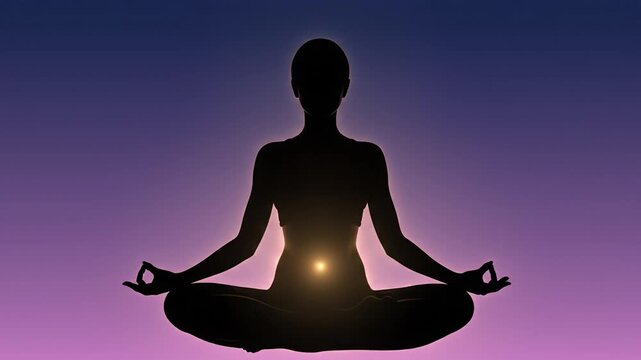 Young woman meditation silhouette with glowing solar plexus chakra and serene purple gradient sky expressing calm and balance meditation silhouette sunrise yoga lotus calm person sitting sunrise