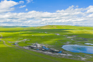 Aerial view magnificent scenery of the meandering rivers in the Hulunbuir Grassland of Inner Mongolia, China