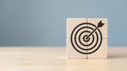 Wooden blocks clearly display a target with an arrow hitting the bullseye representing business goals achievement and success on a light table with soft natural light