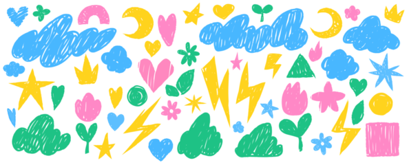 Colorful set of crayon doodle stickers featuring clouds, moons, stars, hearts, flowers, crowns, and lightning bolts, isolated on a transparent background for creative design.