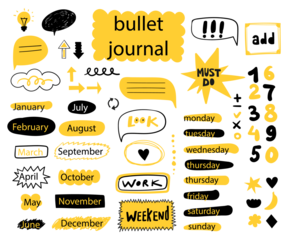 Collection of hand-drawn bullet journal elements, including months, days, speech bubbles, and decorative shapes, isolated on a transparent background for planners.