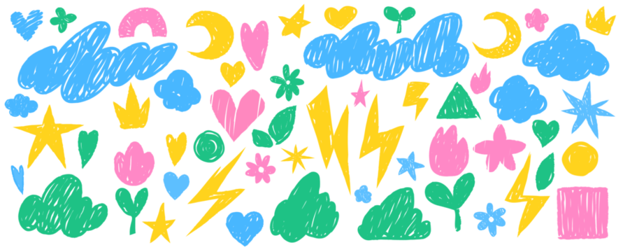 Colorful set of crayon doodle stickers featuring clouds, moons, stars, hearts, flowers, crowns, and lightning bolts, isolated on a transparent background for creative design. - Powered by Adobe