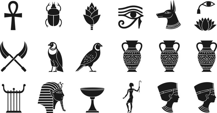 Set of Ancient Egyptian history black silhouette vector icons featuring Pharaoh head, Anubis, Eye of Horus, Ankh cross, scarab beetle, and decorative pottery.