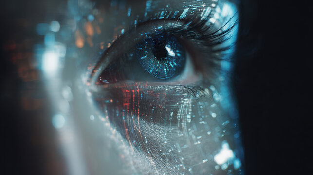 A close-up of a human eye reflecting digital data and technology, symbolizing artificial ligence and future of interconnected world. - Powered by Adobe
