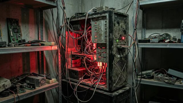 An intricate view of a cluttered workstation showcasing an old computer setup with wires and circuit boards lit up by red lights, embodying the essence of retro technology culture.