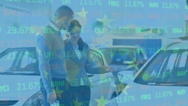 Animation of glag of eu and stock market over diverse business people