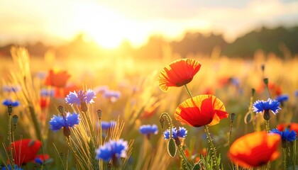 Vibrant Field of Poppies and Cornflowers at Sunset.