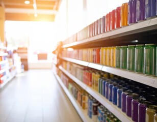 Colorful beverage cans displayed on shelves in a supermarket aisle