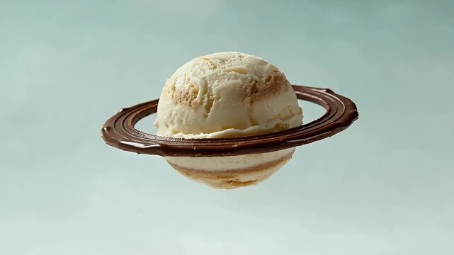 Surreal Vanilla Ice Cream with Saturn-like Chocolate Rings on a Light Blue Background