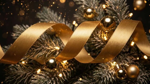 A beautifully decorated Christmas tree with shimmering gold ribbons and sparkling ornaments, creating a warm and festive ambiance perfect for holiday celebrations.