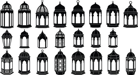 Large collection of black Islamic lantern silhouette vector icons featuring traditional Fanous designs with intricate patterns for Ramadan and Eid decoration backgrounds. © Galib