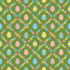 Easter eggs and flowers seamless pattern on green background Cute Easter eggs floral seamless illustration Spring Easter repeating pattern