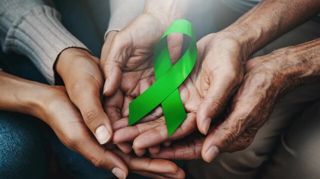 Mental health awareness concept with green ribbon supported by multiple hands. Symbol of community care, shared support and collective mental health advocacy.