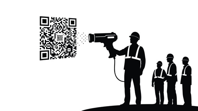 Workers in hard hats spray painting a large qr code on a white background with four silhouettes