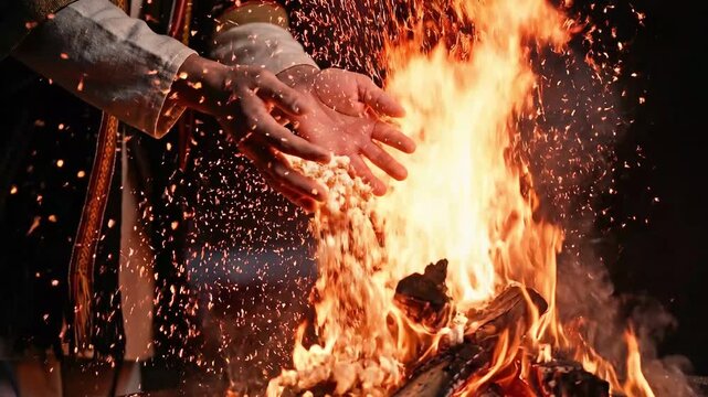Hands Throwing Offerings into Lohri Fire