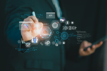 Business professional interacting with AI interface for KPI analysis, performance tracking, data visualization, automation workflow, digital strategy improve business efficiency and decision making.